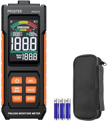 Proster Pinless Feuchtigkeitsmessgerät Wand Feuchtigkeitsmesser Holzfeuchtemesser mit LCD Alarm 4 Messmodi für Wände, Bauholz, Gebäude, Brennholz, Feuchtigkeitsprüfer