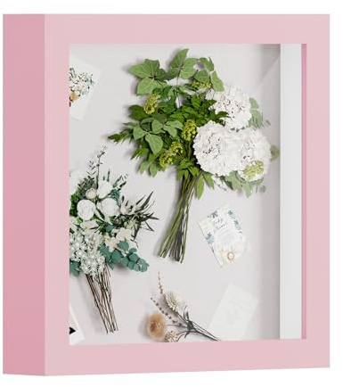 Muzilife 3D Bilderrahmen zum Befüllen mit Echter Glasscheibe 22x22cm | 2,5cm Tiefer MDF Rahmen, Objektrahmen für Fotos Hochzeitsstrauß DIY, Shadow Box als Geschenk für Familie Freunde, Rosa