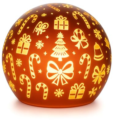 mucHome Deko Kugel LED Licht Gold mit Timer Weihnachtskugel rot/Gold 10cm, mit 10 warmweiße LEDs Weihnachtsmotive Weihnachten aus hochwertigem Glas