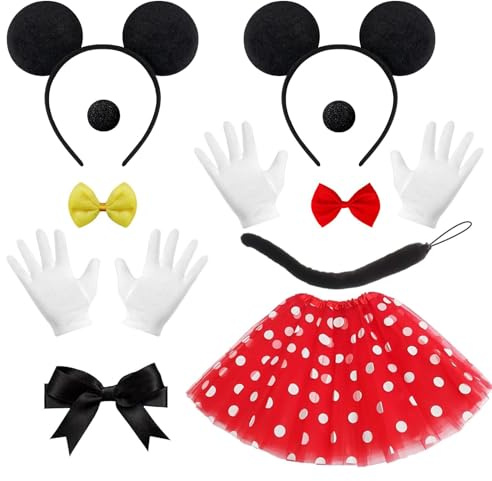 Damen Maus Mouse Kostüm,11Mini Maus Kostüm Damen,Mouse Kostüm Erwachsene,Karnevals Kostüme Mau-s nd Mini mou-se,Gepunktete Tutu,Ohren Haarreifen,Handschuhe,Fliege,Schleife,Nase,Schwanz,für Karneval