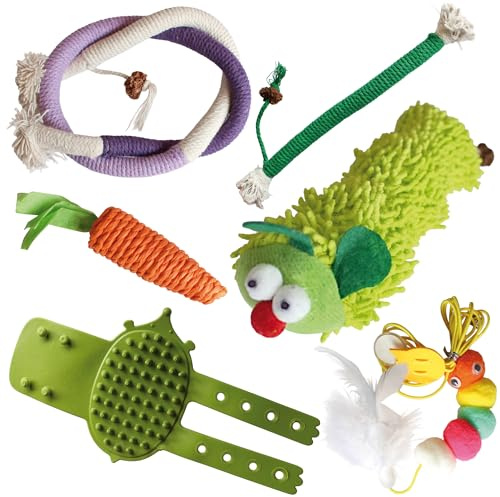KaraLuna Katzenspielzeug Set, 6-teilig mit Plüschraupe, Federspielzeug, Seilspielzeuge, Knister-Möhre, Massage Eckbürste, Interaktives Spielzeug für Katzen