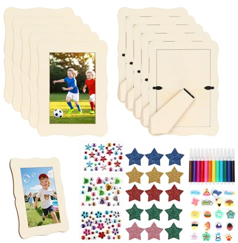 Holzbilderrahmen Bastelset Kinder,10 Wellenform Bilderrahmen Holz 19x14cm | Bastelset Kindergeburtstag mit Sticker, Sternen und Soft Clay, DIY Bilderrahmen Holz Basteln Kinder
