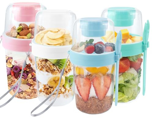 HO-SFSM 4 tazze per muesli, yogurt, insalata, con coperchio e cucchiaini, tazze per muesli da portare al lavoro o a scuola