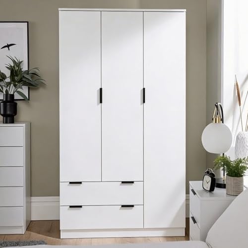 Home Source Phoenix Wardrobe 3 Door with 2 Drawers – White MDF, Black Metal Handles - 120W x 50D x 181H cm - Bedroom Wardrobe with Shelves