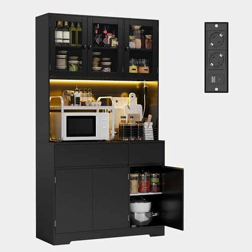 Xbro Credenza Buffet Cucina con Luce LED, Prese di Corrente, Ante in Vetro, 6 Ante e 2 Cassetti, Mobile Dispensa Multifunzione per Cucina, Sala da Pranzo, 100x38.5x180cm