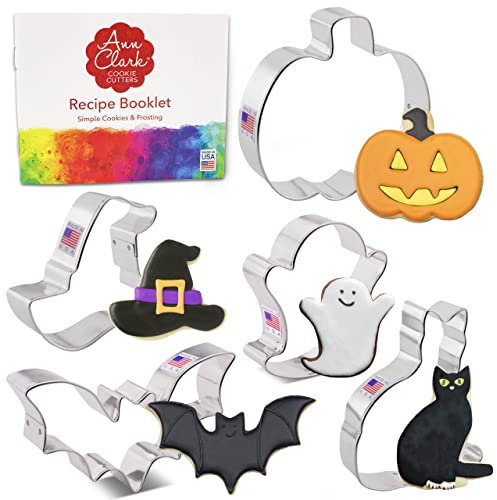 Ann Clark Cookie Cutters Juego de 5 cortadores de galletas Halloween con libro de recetas, calabaza, murciélago, fantasma, sombrero de bruja y gato - Acero fabricado en EE. UU.