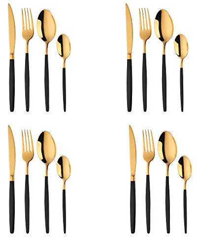 Bisda 4 pièces d'or en acier inoxydable couverts avec poignée noire de vaisselle Service pour 1 (black gold cutlery set 16pcs)