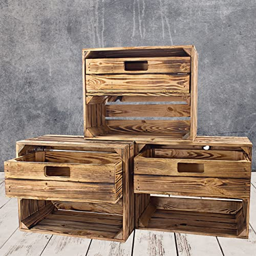Vintage Möbel 24 GmbH 3 geflammte/flambierte Apfelkisten mit Schublade und Fach 50cm x 40cm x 30cm Regal Holzkiste Kiste Obstkiste