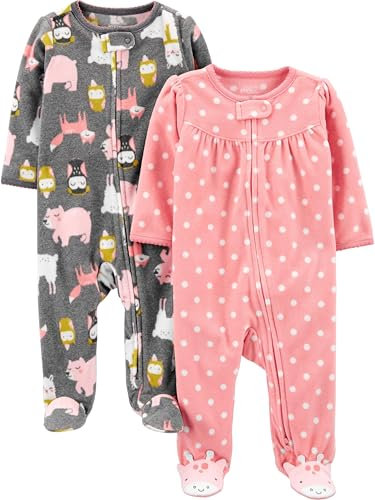 Simple Joys by Carter's Baby Mädchen Schlaf- und Spielanzug aus Fleece mit Füßen, 2er-Pack, Hellrosa Punkte/Kohlegrau Waldtiere, 0-3 Monate