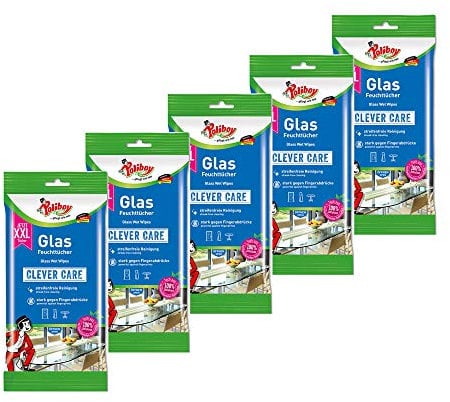 Poliboy Lot de 5 paquets de 24 lingettes humides XXL pour verre Sans traces Nettoyage rapide Pour les petits problèmes du quotidien