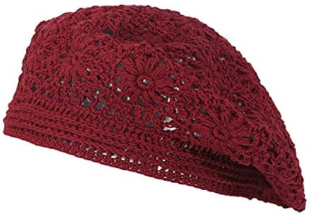ZLYC Damen Baumwolle Häkelmütze Barette Handgemacht Retro Aushöhlen Strickmütze Frühling Sommer Leicht Elegant Baskenmützen (Burgunderrot),Gr.Einheitsgröße