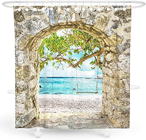 YUAOEUR Garden Curtain Stone Wall Gate Lead to Beach 3D Shower Curtain for Garden, Seaside Blue Sea Sky White Clouds 3D Shower Curtain Tropical Summer Bathroom Decor with Hook 71X 71 inch Ocean Blue