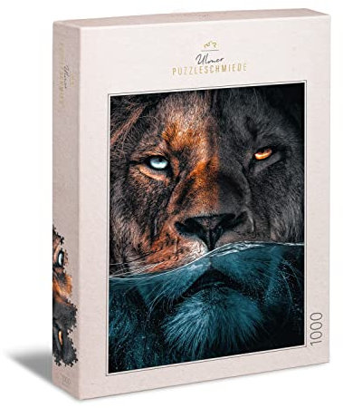 Ulmer Puzzleschmiede - Löwen-Puzzle „Feuer & Wasser“ - Einprägsames 1000 Teile Puzzle für Erwachsene – Der mächtige Löwe im Wasser mit leuchtenden Augen kreativ & modern inszeniert - Made in Germany