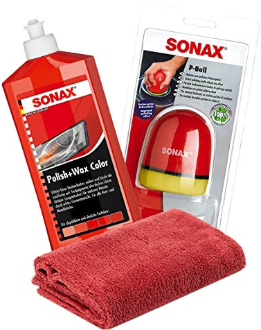 detailmate SONAX Hand Polier Bundle: SONAX Polish+Wax Color rot 500ml Politur + SONAX P-Ball ergonomischer Polier Ball Edgeless Mikrofaser Poliertuch 550GSM rot