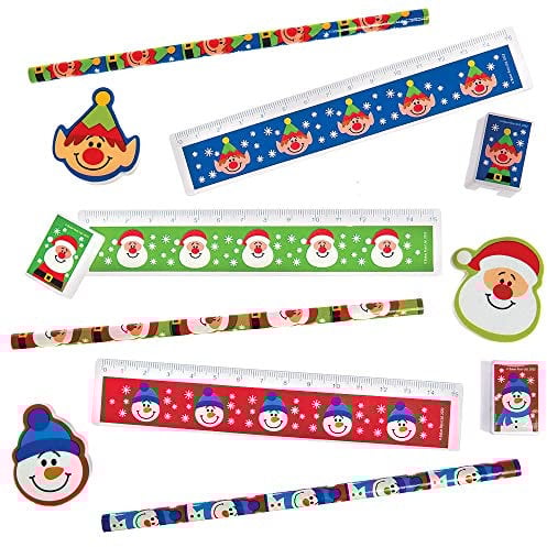 Baker Ross FX400 Mini Schreibwaren Set Weihnachten-4er Pack, Lineal, Radiergummi, Bleistift, Spitzer, Kleine Adventskalendergeschenke, Nikolaus Geschenke für Kinder