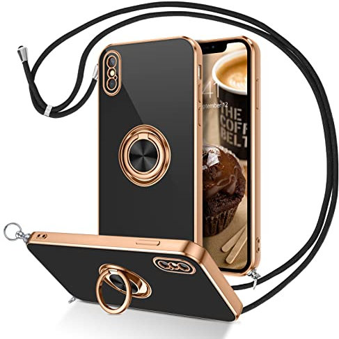 DUEDUE Coque pour iPhone X et XS Cordon avec Anneau Rotatif, Protection Caméra Souple Fine Doublure Microfibre, Coque Bague Or Noir avec Corde Bandoulière Réglable pour iPhone X/XS