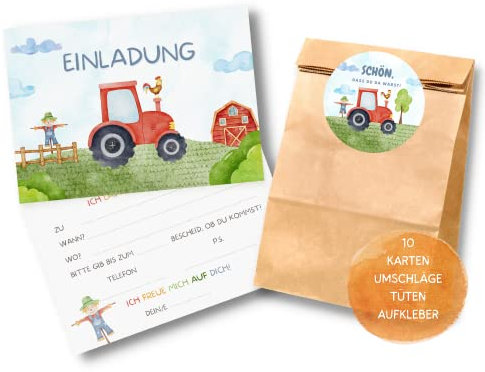 Essi's Stoff Boutique 10er-Set Traktor Einladungskarten und Mitgebseltüten - Bauernhof Kindergeburtstag Set mit Goodie Bag - Gastgeschenktüten mit Aufklebern für Jungs und Mädchen