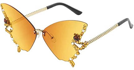 KAREN66 Damen Schmetterling Sonnenbrillen Randlose Schmuck Sonnenbrillen Frauen Diamant Butterfly Sonnenbrille Damen Übergroße Strass-Sonnenbrille Vintage Brille UV-Schutz (F)
