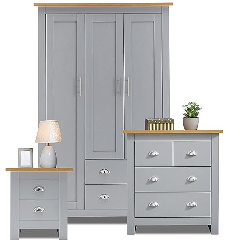 Wardrobe Sets Bedroom Furniture 3 Piece Bedroom Set With 3 Door Wardrobe & 2+2 Drawer Chest of Drawer + 2 Drawer Bedside Table Cabinet for Storage Furniture Set (Grey & Oak)