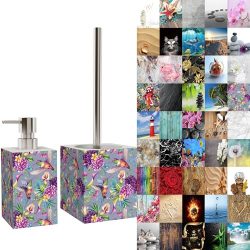 Sanilo Badezimmer Set, Seifenspender und WC Bürste mit Motiv, große Auswahl, Klobürste ohne Bohren, schöne Designs (Kolibri)