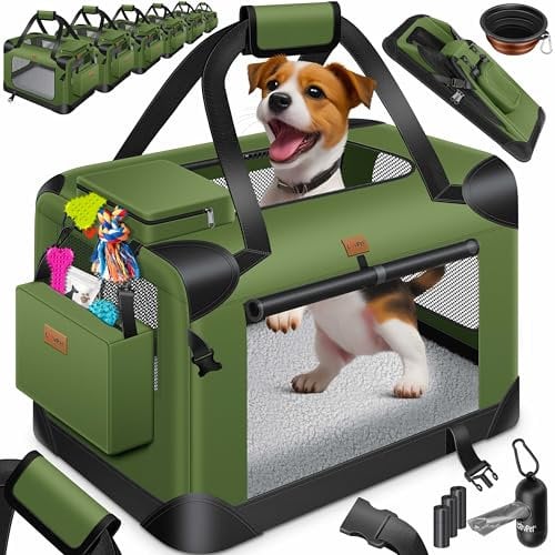 Lovpet® Transportbox Hund Katze Transporttasche L 70x52x52cm | Hunde-Tragetasche Faltbare Katzentasche | Haustier-Transportbox inkl. Hundenapf & Schultergurt | für Katzen & Hunde Khaki
