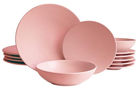 ECHTWERK 12-teiliges Vintage Tafelservice, Blanka Nature-Design, für 4 Personen, Stilvolles Geschirrset mit Struktur aus Steingut mit 4 x Speiseteller, 4 x Beilagenteller, 4 x Suppenteller, Rosa