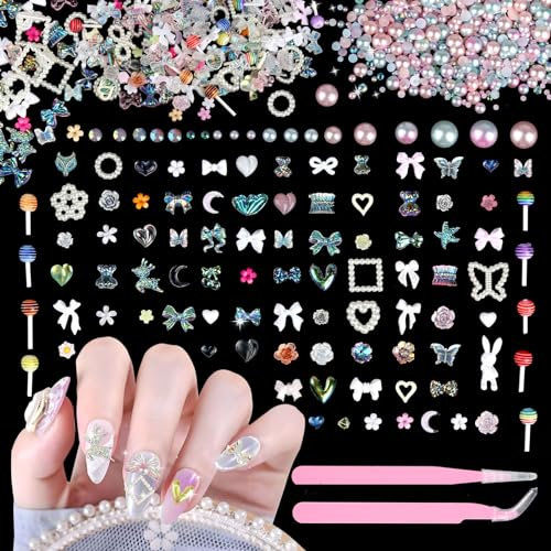 100 Stück Nail Charms, 3D Nail Art Charms Kunstharz mit 60g Glitzersteine Nägel und 2 Pinzetten, Nagelsteine Multi-Style für Maniküre DIY Handwerk Schmuck Zubehör