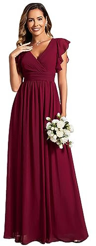 Ever-Pretty Robe de Soirée Dos Nu pour Femme Manches Volantées Mousseline Col V Plissé Robe de Demoiselle d'honneur Longue Élégante Bordeaux 42