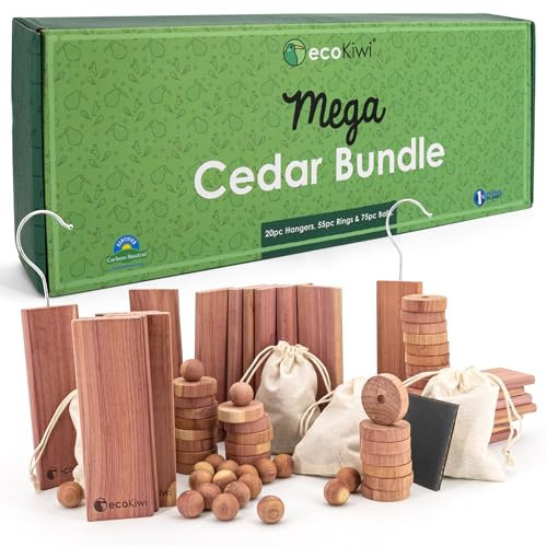 ecoKiwi Cedar Blocks for Clothes Storage Mega Bundle Box - Cedar Hangers x20, Balls x75 & Rings x55-100% Natural Oil Planks & Chips for Closets & Drawers - Aromatic Red Cedar Wood with Sandpaper