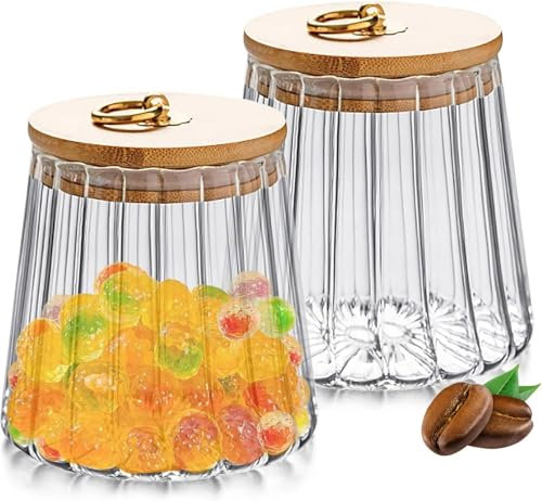 2 Pack Glass Storage Jars Coffee Sugar Airtight Tea Canisters Kitchen Storage Containers with Bamboo Lid Metal Handle Pantry Decorative Food Storage Cans 700ml (2PCS Conical)