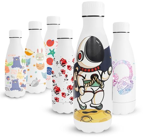 Vikaster Botella Termica Niños, 350ml Botella Agua Acero Inoxidable, Impresión 3D Termo, Pequeña Botella Térmica, Mantener 12H Caliente/24 Frío, Termo Sin BPA, Botella de Agua para Viaje, Escuela