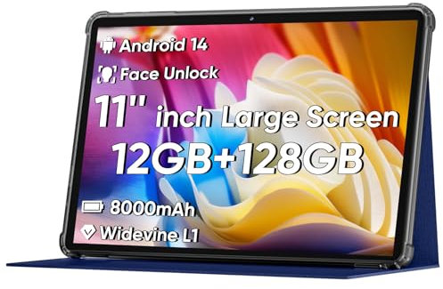 Tableta Android 14 actualizada 2025, tablet PC de 11 pulgadas, compatible con desbloqueo facial, CPU Octa-core, 12 GB + 128 GB + 1 TB expandido, batería grande de 8000 mAh, carga rápida de 18 W,