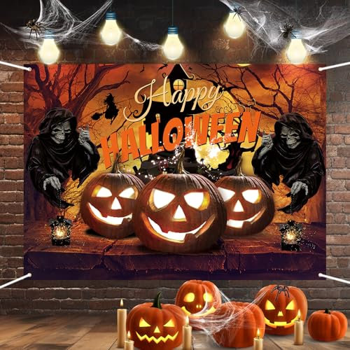 Halloween Banner Hintergrund Party Dekoration - Extra Große Orange Happy Banner für Draußen Drinnen, Kürbis Sensenmann Schloss XXL für Photo Booth Wand Deko
