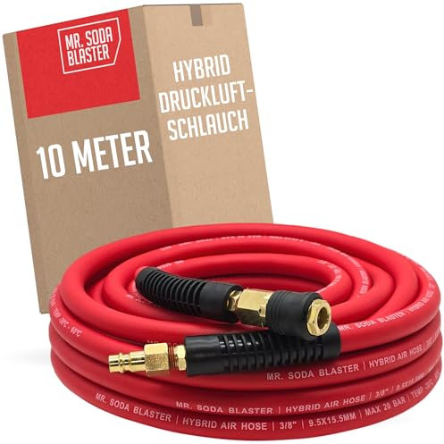 mr. soda blaster | flexibler Druckluftschlauch 10 Meter passend für Kompressoren | 9,5 x 15,5 mm | 3/8 | robuste PVC/Gummi Mischung | stabile Messing-Kupplungen | PVC Knickschutz | max. 20 bar