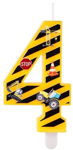 Geburtstagskerze, Happy Zahlenkerzen Geburtstagskerzen Zahlen Gelb und Schwarz Gestreifte Kerzen Dekoration für Geburtstagspartys zum Thema Bauarbeiter für Jungen (Zahl 4)