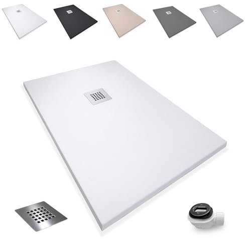 Plato de Ducha Antideslizante 70x70cm - Plato Ducha Resina Resistente a Agentes Químicos - Plato Ducha Antibacteriano - Incluye Rejilla Desagüe Ducha y Válvula Sifón Plato Ducha - Color Blanco