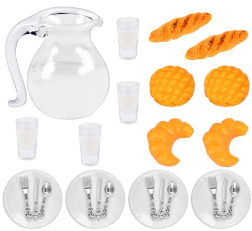 Miniatur Essen und Trinken, 1:12 Miniatur Lebensmittel Set Miniatur Puppenhaus Zubehör, Puppenhaus Miniatur Frühstück Brot Milch Tassen Teller Gabel Löffel Miniatur Wichtel Zubehör Küche Lebensmittel