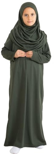 Prien Robe De Priere Pour Enfant, Vetement Musulmane Pour Fille, Abaya À Manches Longue Avec Hijab, Vêtements Islamique Pour Femme (Kaki, One Size)