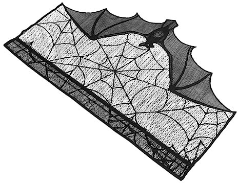 TOPBATHY Halloween Tischdecke Deko Für Kamin Schwarze Fledermaus Und Spinnennetz Spitze Kaminverkleidung 93x57cm Für Wohnzimmer Und Feierlichkeiten