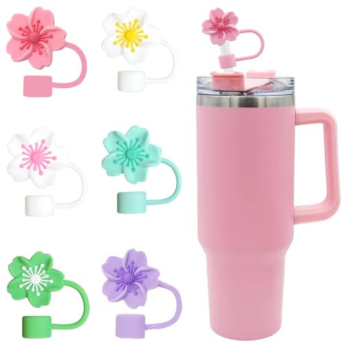 Lot de 6 capuchons de paille pour couvercles de tasse à fleurs, anti-poussière, en silicone, accessoires adaptés pour couvercles de 880,5 g et 1200 ml, tasse Stanley de 9 à 10 mm (motif fleurs)