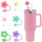 Lot de 6 capuchons de paille pour couvercles de tasse à fleurs, anti-poussière, en silicone, accessoires adaptés pour couvercles de 880,5 g et 1200 ml, tasse Stanley de 9 à 10 mm (motif fleurs)