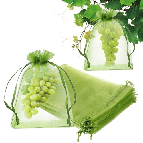 50 Pieces (30 * 20cm) Bags Fruit Protection Bags Fruit Netting Bags with Drawstring Green Fruit Protection for Protecting Vegetable Net Cover Reusable Mesh Bag for Garden Apple Trees