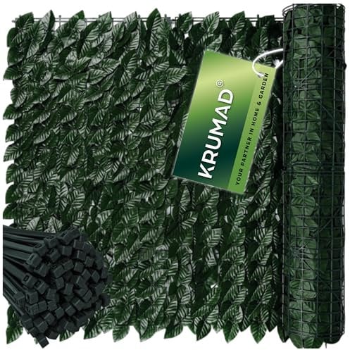 KRUMAD Künstlicher Efeu Hecke Sichtschutz 300 x 50cm, Sichtschutz Balkon und Garten, Efeu Künstlich, UV-beständig, Wetterfest, inkl. 100 Kabelbinder, Sichtschutz Zaun ohne Bohren, Dunkelgrün