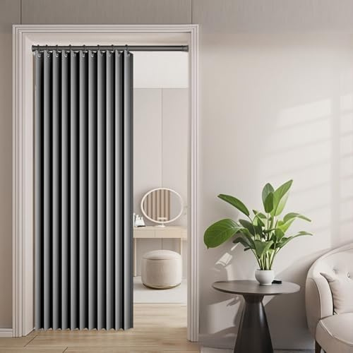 Icegrey Magnetischer Türvorhang für Türen, Leinen, Akkordeon-Stil, Türvorhänge für offenen Schrank, Schlafzimmer, Verdunkelung Falttürabdeckung für Tür, 1 Vorhang, Grau 2