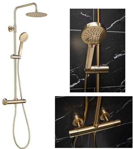 Thermostatic Shower Mixer with Round 200mm Rainfall Head, Fixed Adjustable Rail Kit, Exposed Design, Multi-Function Handset Included - Brushed Brass