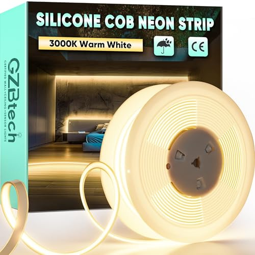 GZBtech AC 230V COB LED Streifen 15M, Silikon Warmweiss 3000K Wasserdicht 286LEDs/M Dimmbar Outdoor Neon Lichtleiste LED Strip Light für Schlafzimmer, Wand, Küche, Wohnzimmer,DIY Dekoration