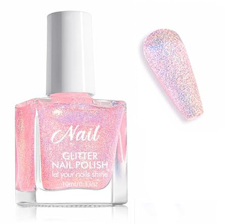 Long-Lasting Fast-Drying Glitter Nail Polish Set – Light Pink,Blue,Green,Purple, Gel-Like Shine, Low Odor, No UV Light Needed Glitter Nail Polish – Perfect for DIY Home Nail Art for Women (Pink)