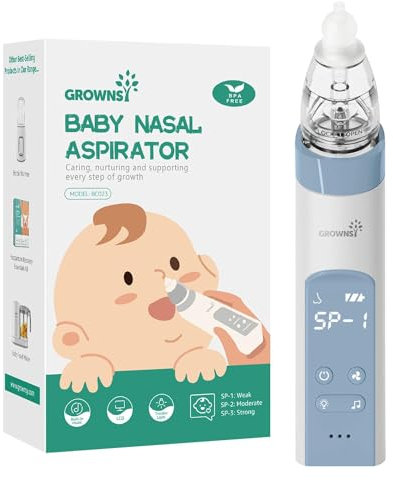 GROWNSY Electrico , Sacamocos Bebe Electrico Pro con 3 Puntas de Silicona Suave, Succión Ajustable, Succión Nasal Eléctrica Para Bebés, Música y Luz Integradas (Azul)