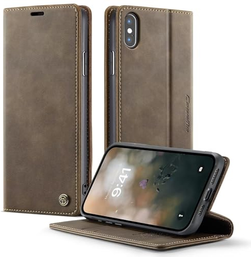 WenBaby CaseMe Handyhülle für iPhone X/XS Hülle Premium Nubukleder PU Lederhülle Klapphülle【RFID Schutz】 Kartenfach Standfunktion Schutzhülle Flip Case Wallet Tasche Cover,Kaffee