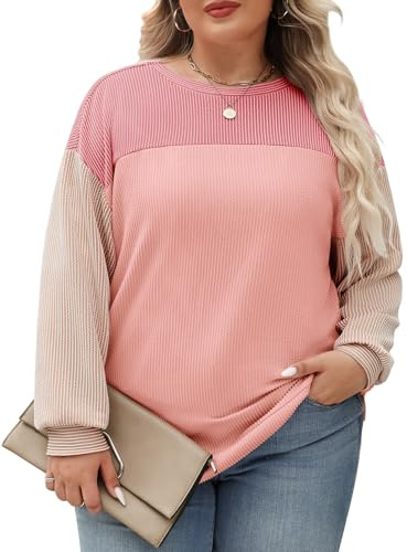 heekpek Womens Tops Cowl Neck Plus Size Long Sleeve T Shirt Color Block Oversized Casual Spring Autumn Lightweight Sweatshirt, Pink, XXXXL